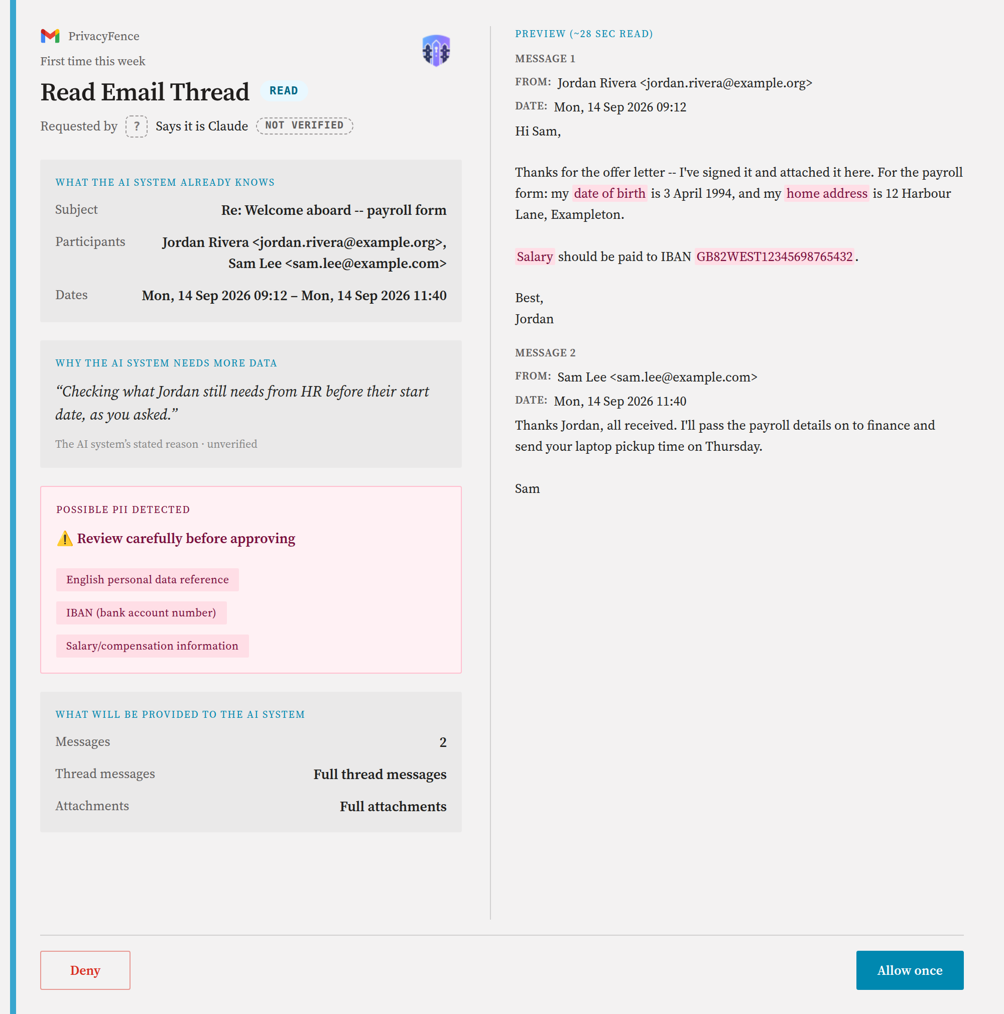 PrivacyFence approval card for reading a Gmail thread: the requesting AI system marked Not verified, its stated reason, a possible-PII warning listing a personal data reference, an IBAN and salary information, the matches highlighted in the message text, and what will be provided to the AI system